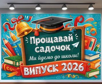 Банер для фотозони Випуск 2026 Прощавай садок із дзвіночком Блакитний 120х120 см з вашим написом 0006897 фото