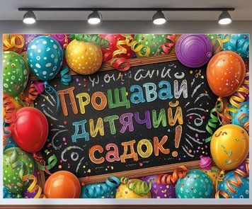Банер для фотозони Випуск Прощавай дитячий садок з кульками Різнокольоровий з вашим написом 0006898 фото