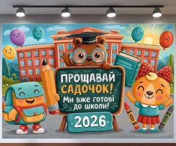 Банер для фотозони Випуск Прощавай садочок Ми вже готові до школи зі звірятами Різнокольоровий з вашим написом 0006899 фото