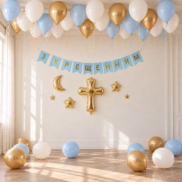 Набір куль для фотозони під стелю з прапорцями Божественне світло Блакитний і золото 0008185 фото