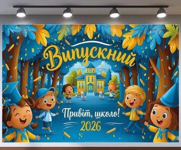 Банер для фотозони Випускний 2026 Привіт школо з дітками Синій і жовтий з вашим написом 0006901 фото