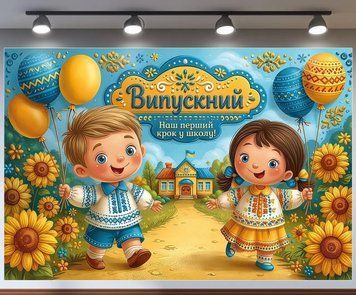Банер для фотозони Випускний Наш перший крок у школу Соняшники Блакитний і жовтий з вашим написом 0006902 фото