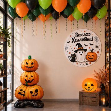 Набір куль під стелю з банером Хелловін Гарбузовий замок Помаранчевий і зелений 0007948 фото