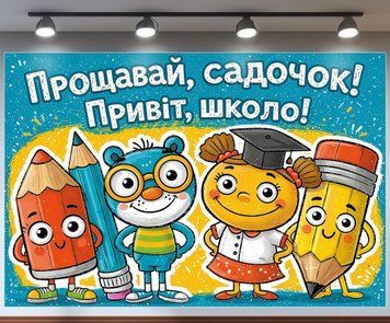 Банер для фотозони Прощавай садочок Привіт школо з котиком Блакитний і жовтий з вашим написом 0006903 фото