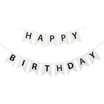 Напис картонний на прапорцях 16 см Happy Birthday Білий з чорним 12528 фото