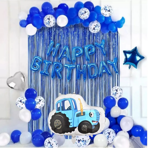 Набор воздушных шаров для фотозоны Синий трактор Happy Birthday синий с белым 0000200 фото