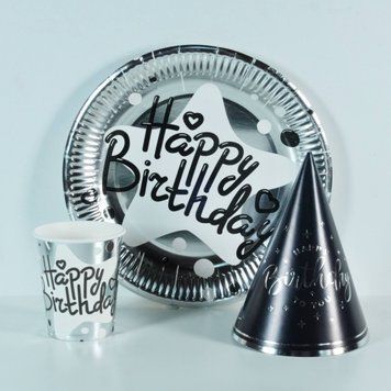 Набір посуду для свята на 10 персон Happy Birthday Зірка Срібло Тарілки 23 см стаканчики та ковпаки 0006730 фото