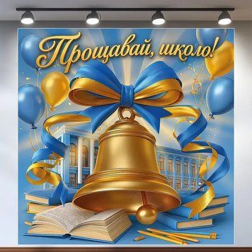 Банер для фотозони на Останній дзвоник Прощавай школо Жовтий і блакитний 0006914 фото