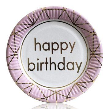 Тарелки праздничные бумажные одноразовые Happy Birthday18 см 5 шт С тиснением фольгой Розовый 04616 фото