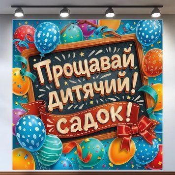 Банер для фотозони Випуск Прощавай садок із кульками Різнокольоровий 120х120 см із вашим написом 0006870 фото