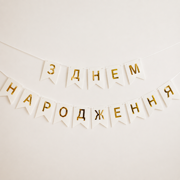 Напис картонний на прапорцях 16 см українською З днем народження Білий 2,3 метра 06167 фото