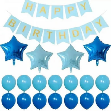 Набор 18 шаров для фотозоны Happy birthday со звездами и флажками Синий и голубой 0002357 фото