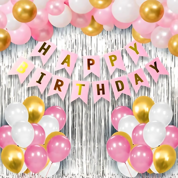 Набор воздушных шаров для фотозоны Happy birthday с флажками и шторкой Розовый и золото 0002407 фото