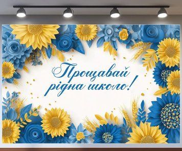 Банер для фотозони на Випуск Прощавай рідна школо з квітами Синій і жовтий 0006927 фото