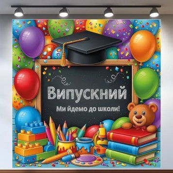 Банер для фотозони Випускний Ми йдемо до школи з дошкою та ведмедиком Різнобарвний з вашим написом 0006872 фото