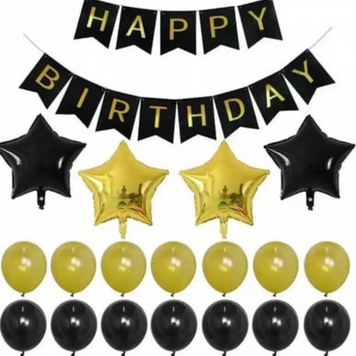 Набір повітряних куль для фотозони Happy birthday із зірками та прапорцями Чорний і золото 0002358 фото