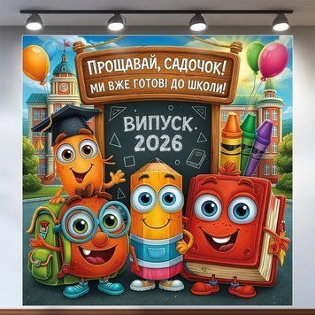 Банер для фотозони Випуск Прощавай садок з книгою та олівцями Різнобарвний 120х120 см з вашим написом 0006873 фото