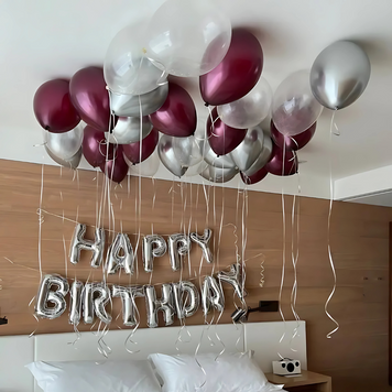 Набір куль для фотозони Вишневий бум з написом Happy birthday Срібний 0004426 фото