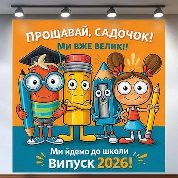 Банер для фотозони Випуск Прощавай садочок з олівцями Помаранчевий та блакитний 120х120 см з вашим написом 0006874 фото