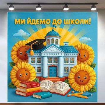 Банер для фотозони Випускний Ми йдемо до школи Соняшники Жовтий та блакитний 120х120 см з вашим написом 0006876 фото