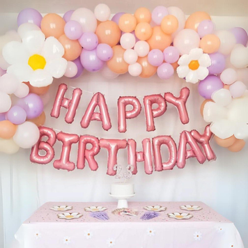 Арка гирлянда из шаров Happy Birthday с ромашками Белый и сирень 0000023 фото