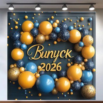 Банер для фотозони на Випуск 2026 Вінок з синіх і золотих куль 120x120 см Синій 0006741 фото
