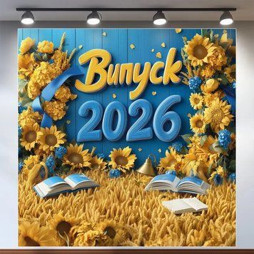 Банер для фотозони на Випуск 2026 Соняшники та пшениця 120x120 см Жовтий та блакитний 0006743 фото