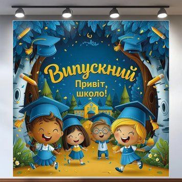 Банер для фотозони Випускний в садочку Привіт школа Синій 120х120 см з вашим написом 0006880 фото