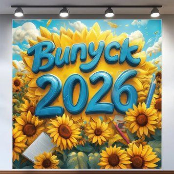 Банер для фотозони на Випуск 2026 Небо та соняшники 120x120 см Жовтий та блакитний 0006745 фото