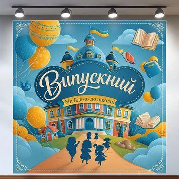 Банер для фотозони Випускний у садочку Ми йдемо до школи Блакитний 120х120 см з вашим написом 0006882 фото