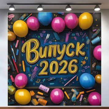 Банер для фотозони на Випуск 2026 Рожевий та жовті кулі 120x120 см Синій 0006746 фото