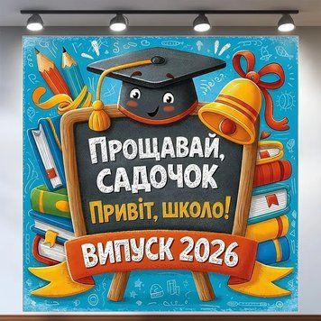 Банер для фотозони Випуск 2026 Прощавай садок із дзвіночком Блакитний 120х120 см з вашим написом 0006883 фото