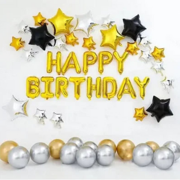 Набір повітряних куль для фотозони Happy birthday з хром Золото і срібло 0002369 фото