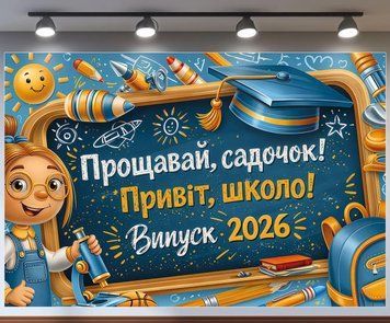Банер для фотозони Випуск 2026 Прощавай садочок Привіт школа з дівчинкою Синій з вашим написом 0006890 фото