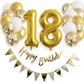 Набір 22 кулі з хром для фотозони Happy birthday з цифрами, написом і трикутними прапорцями Золото 0002375 фото