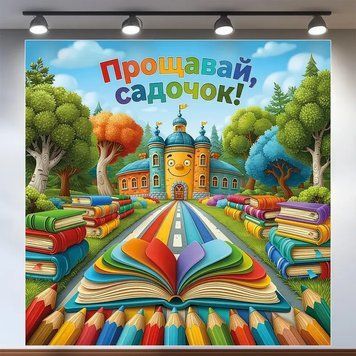 Банер для фотозони Випуск Прощавай садок з книгою та олівцями Різнобарвний 120х120 см з вашим написом 0006885 фото