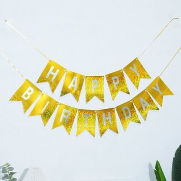 Напис картонний на прапорцях 17х12 см Happy birthday Голограма золото 04415 фото