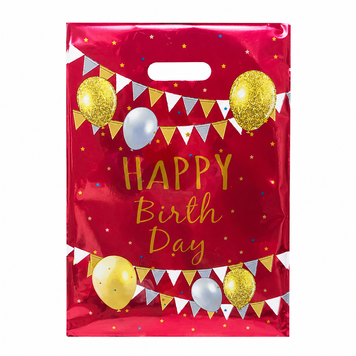Пакети для солодощів 16х25 см Happy birthday з тисненням фольгою Упаковка 10 штук Червоний 0007479 фото