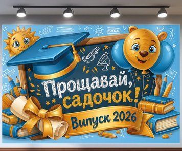 Банер для фотозони Випуск 2026 Прощавай садок До нових знань із грамотою Блакитний та жовтий з вашим написом 0006895 фото