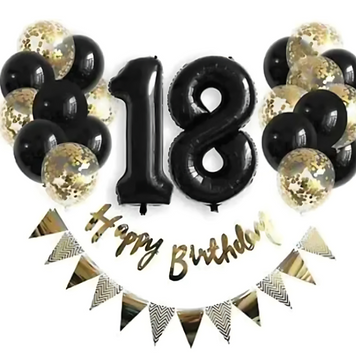 Набір 22 кулі для фотозони Happy birthday з цифрами, написом і трикутними прапорцями Чорний із золотом 0002378 фото