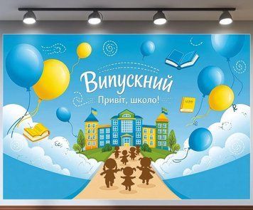 Банер для фотозони Випускний Привіт школа з кульками Блакитний з вашим написом 0006896 фото