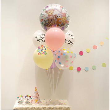 Набор 7 шаров со стойкой Зайчик и мишка Happy birthday Белый и сирень 09183 фото
